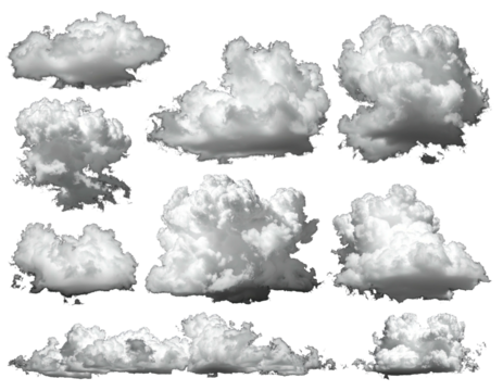 Collection of diverse, grayscale clouds against black background.  Various shapes and densities
