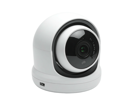 White, rounded security camera with lens
