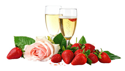 Two champagne flutes, a pink rose, and strawberries