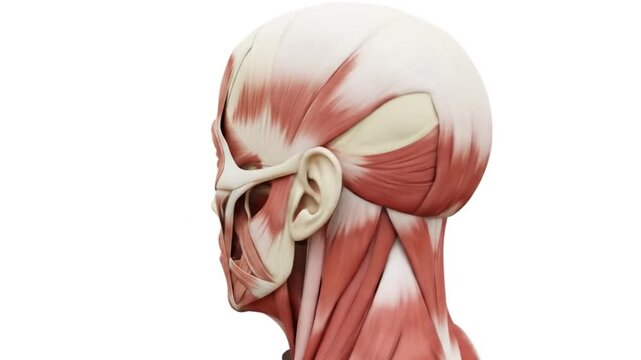 Anatomical illustration showing the complex muscle structure of the human head, face, and neck on a white background.