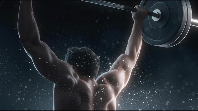 Man lifting weights in spotlight gym environment fitness photography back view emphasizing muscularity and strength