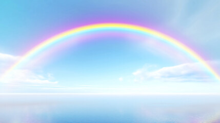 Bright rainbow over calm ocean with blue sky and soft clouds