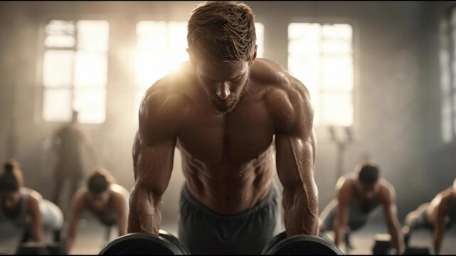 Muscular man performing push-ups in gym surrounded by fitness enthusiasts action-focused environment inspiring atmosphere