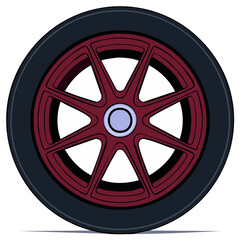 Obraz premium Burgundy car wheel with black tire and light blue center, detailed drawing