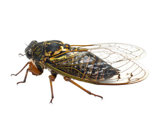 Close-up of a cicada, side view, showing intricate patterns and delicate wings