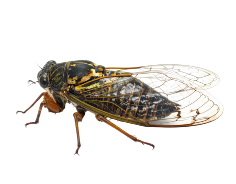 Close-up of a cicada, side view, showing intricate patterns and delicate wings