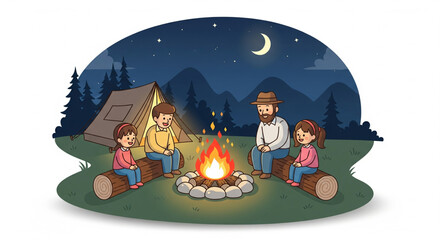 Naklejka premium A family enjoys a peaceful evening around a campfire under the night sky.