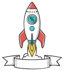 Cartoon Rocket Ship Launching with Percentage Symbol and Blank Banner