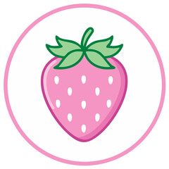 Kawaii Pink Strawberry with Green Leaves Inside a Pink Circle