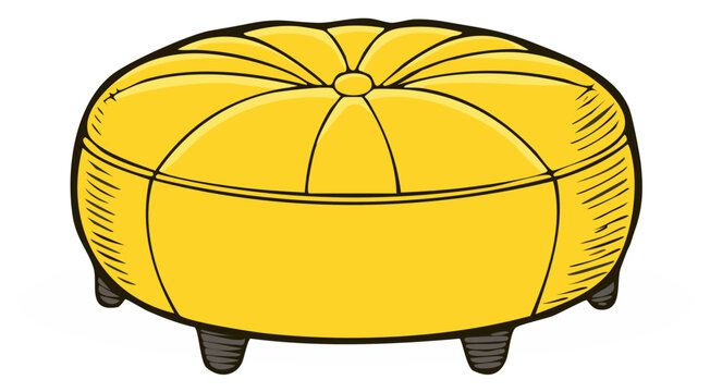Yellow pouf ottoman seating footstool in cartoon style with black sketch vector illustration