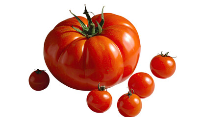 Large, vibrant tomato surrounded by smaller tomatoes
