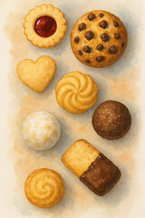 An illustrated assortment of various classic cookies, including chocolate chip, shortbread, and jam-filled biscuits, arranged on parchment paper