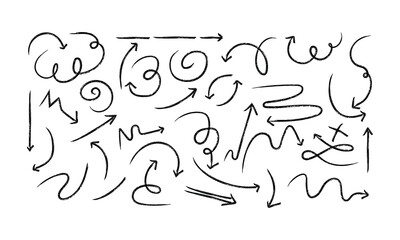 Black Hand Drawn Doodle Arrows Set with Sketchy Curved Lines
