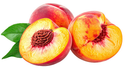 Three fresh peaches, two whole and one halved, showcasing vibrant red and yellow flesh.  Green leaves add a touch of nature