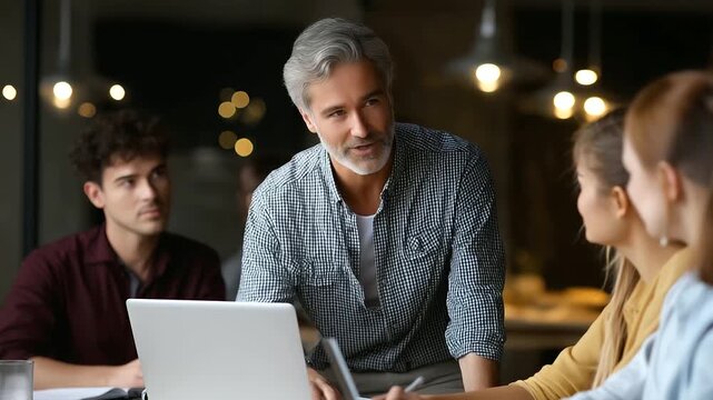 A professor discusses with students, the interactive scene illuminated by gentle light. Professor, laptop, with copy space
