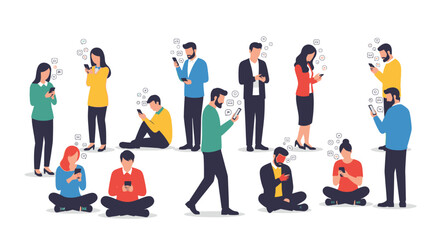 Young peoples with smartphones. Using gps, making selfie, talking on video call, chatting, looking video. Hand drawn vector illustration isolated on white background. Modern flat cartoon style.