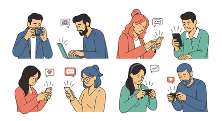 Young peoples with smartphones. Using gps, making selfie, talking on video call, chatting, looking video. Hand drawn vector illustration isolated on white background. Modern flat cartoon style.