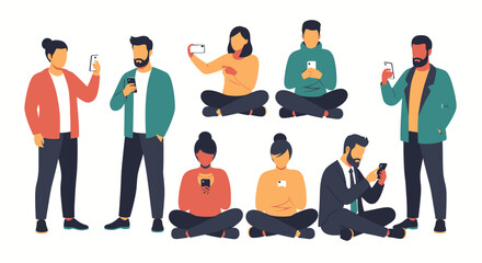 Young peoples with smartphones. Using gps, making selfie, talking on video call, chatting, looking video. Hand drawn vector illustration isolated on white background. Modern flat cartoon style.