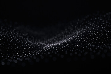 Abstract futuristic wave of glowing white particles on black background, minimal technology motion design, digital landscape concept