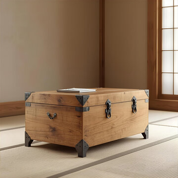 A simple, low Japanese tansu chest with iron hardware, set on tatami mats, Zen-like lighting.