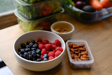 Health food raspberry and blueberry with almond and grain, Top view and copy space