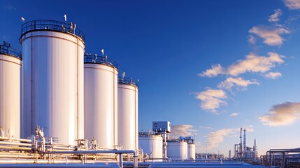 Obraz premium Industrial storage tanks under a clear blue sky with distant refinery structures and soft clouds