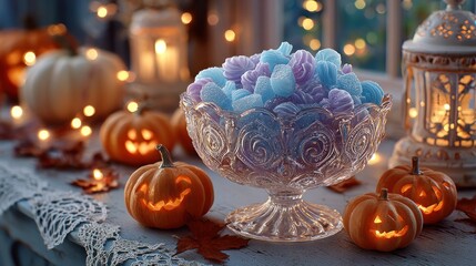 Festive Halloween scene featuring pumpkins, candy, and glowing lanterns for celebration