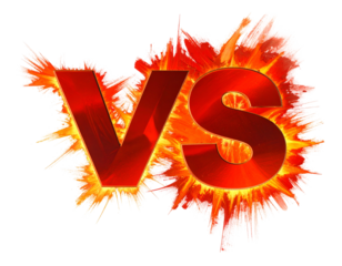 Metallic red "VS" surrounded by an exploding, fiery, white-edged burst effect