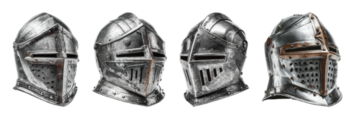 Medieval knight helmet collection, historical armor, battle protection, weathered metal texture, historical fantasy PNG set Transparent backround