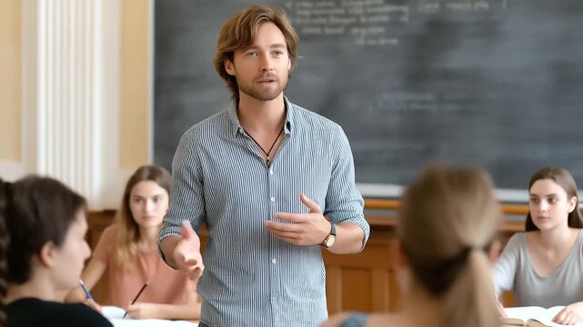A professor lectures with engaged students, the inspiring scene illuminated by soft light. Professor, lecture, with copy space