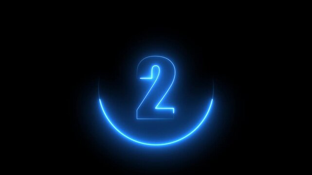 Glowing neon number 2 text animation with neon circle on black background. text number countdown animation.