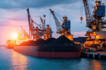 Industrial port scene at sunset showcasing coal transport ships and towering cranes against a vibrant sky