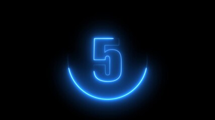 Glowing neon number 5 text animation with neon circle on black background. text number countdown animation.