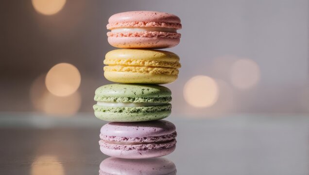 Stack of colorful French macarons with bokeh background.