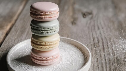 Stack of colorful macarons on a white plate, wooden background.
