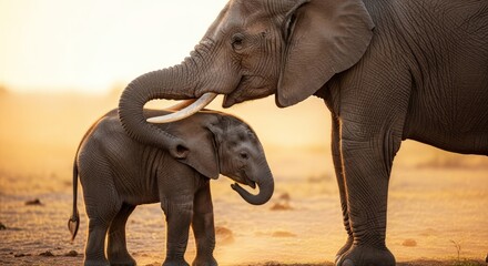 Fototapeta premium A large elephant gently touches trunks with a smaller elephant in a serene savannah landscape at sunset with warm
