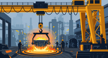Illustration of a factory scene with a crane lifting molten metal, workers present.
