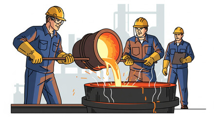Three workers pouring molten metal from a ladle into a container in an industrial setting.