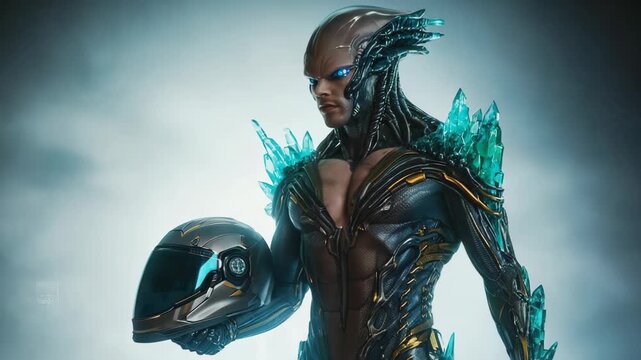 Muscular alien holding transparent helmet with glowing blue spikes, sci-fi sports hero in motion