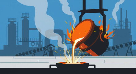Illustration depicts molten metal being poured from a large crucible into a receiving vessel within a factory setting.