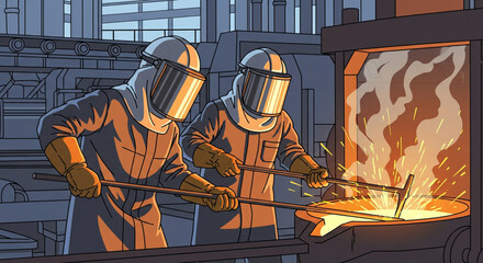 Two workers in protective gear tending to molten metal in a foundry, with machinery in the background.