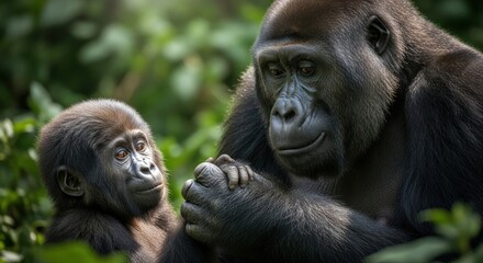 Obraz premium A gentle gorilla holds a younger gorilla's hands in a lush, green forest with warm, natural lighting.