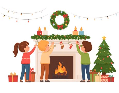 Children Decorating Fireplace for Christmas