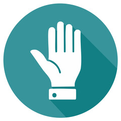 Obraz premium White hand icon with open palm and cuff in teal circle