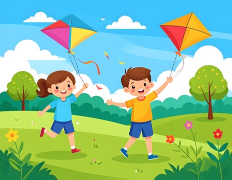 Children Flying Kites in a Sunny Meadow