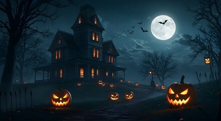 An illustration of a spooky halloween night with a pumpkin, bats, and a dark castle silhouette under an orange moon