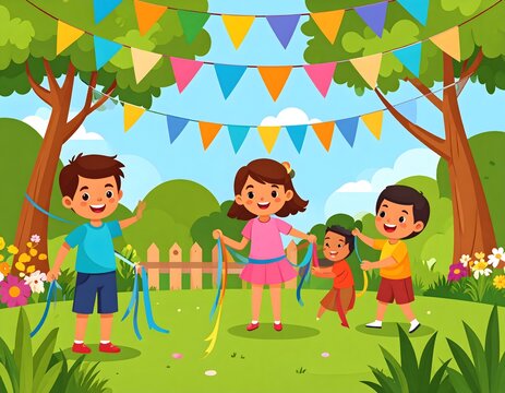 Children Playing with Ribbons in a Park