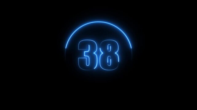 Glowing neon number 38 text animation with neon circle on black background. text number countdown animation.