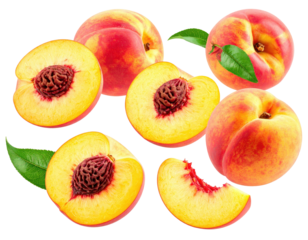 Fresh peaches, whole and sliced, with leaves (2)