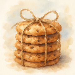 A charming watercolor illustration of a freshly baked stack of chocolate chip cookies tied together with a rustic twine bow, perfect for a delightful gift